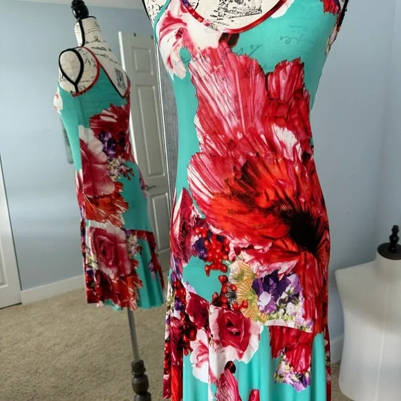 Floral Brightly Colored Asymmetrical Tropical Vacation Dress SMALL - Picture 2 of 6